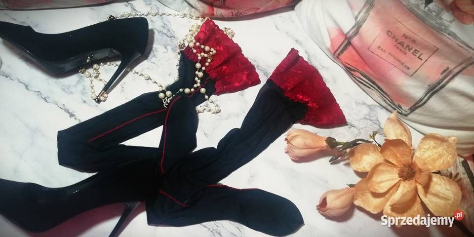 pończochy czarne wiśniowa manszeta Warszawa