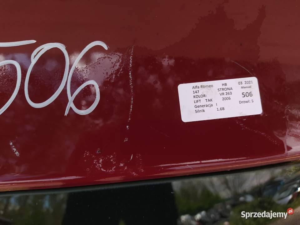 ALFA ROMEO 147 I FL HB KLAPA TYŁ VR 263 osobowe Klapy bagażnika