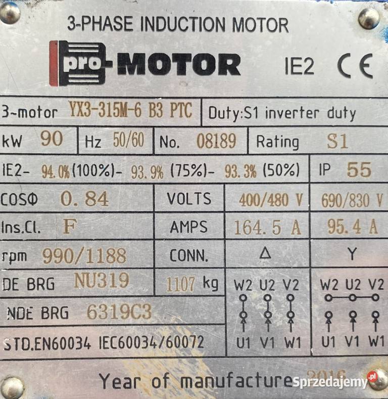 silnik elektryczny 90kW 990obr 3fazowy IE2 Dom i Ogród Pigża