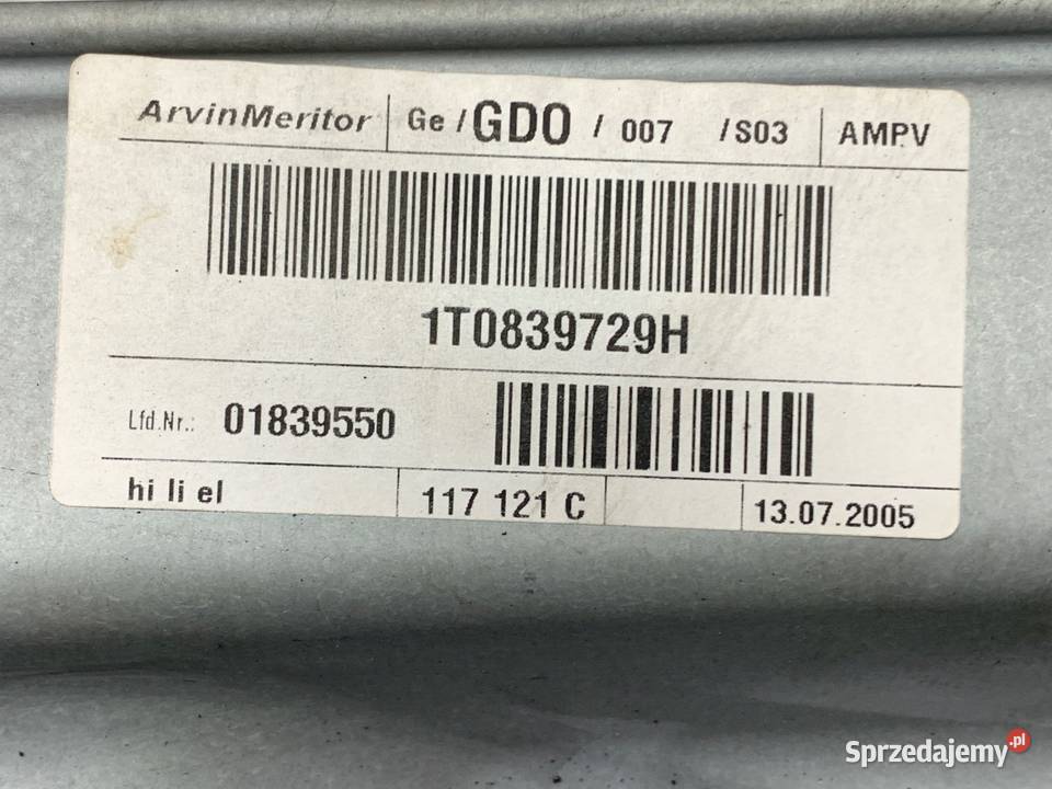 PODNOŚNIK SZYBY PRAWY TYŁ VW TOURAN 1T0839729H