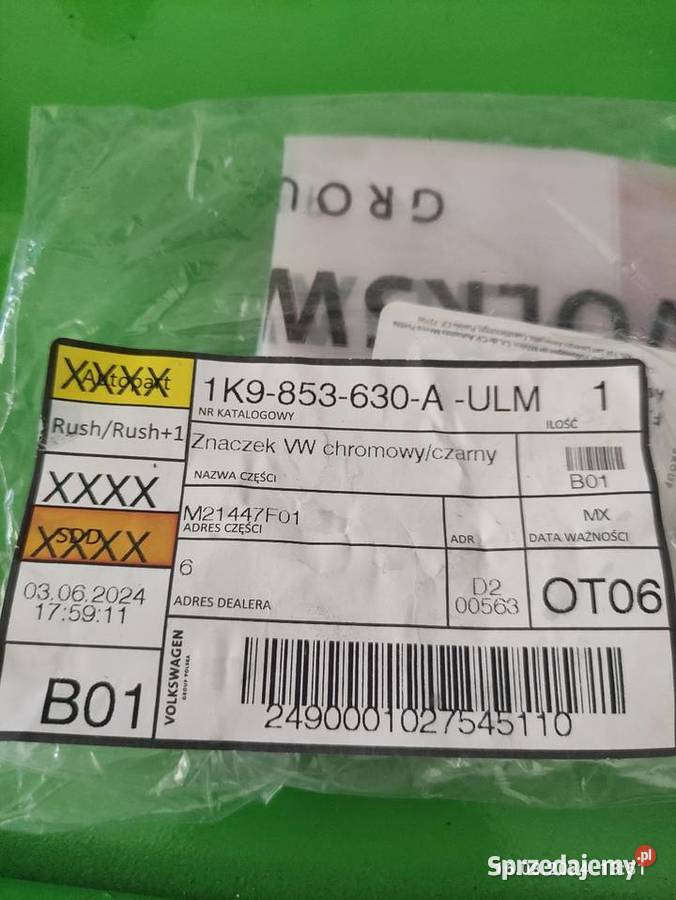 Emblemat tylny VW Golf 1K9853630A srebrny kombi Brzesko