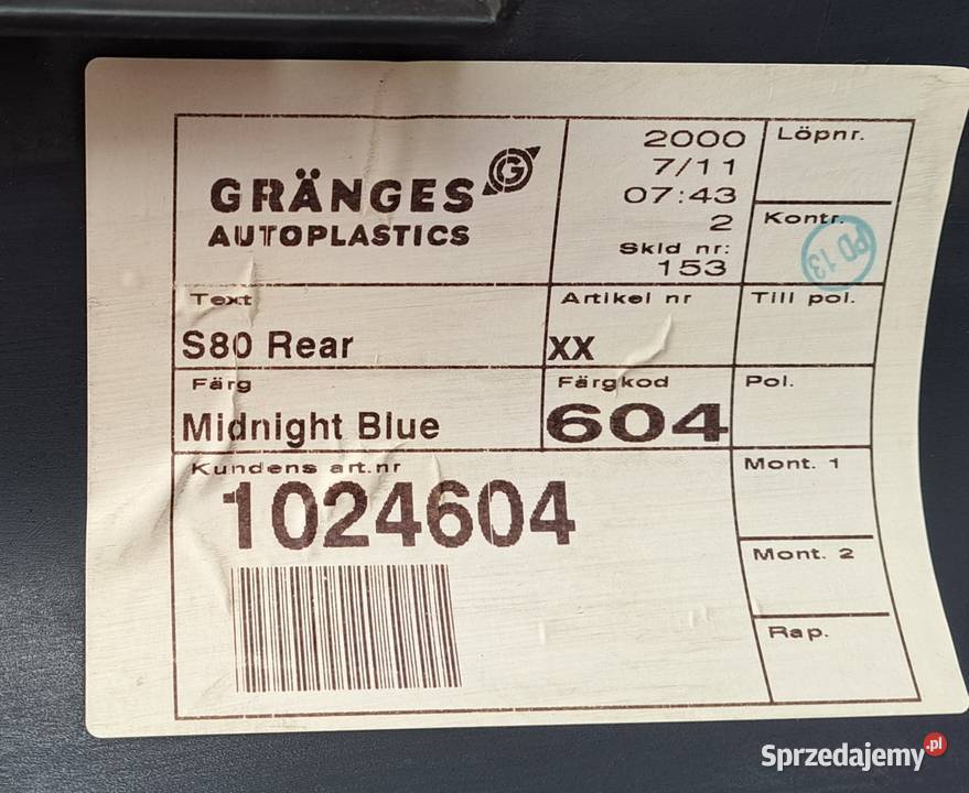 Zderzak tył Volvo S80 I 9806 kolor 604 Midnight dolnośląskie Mielęcin