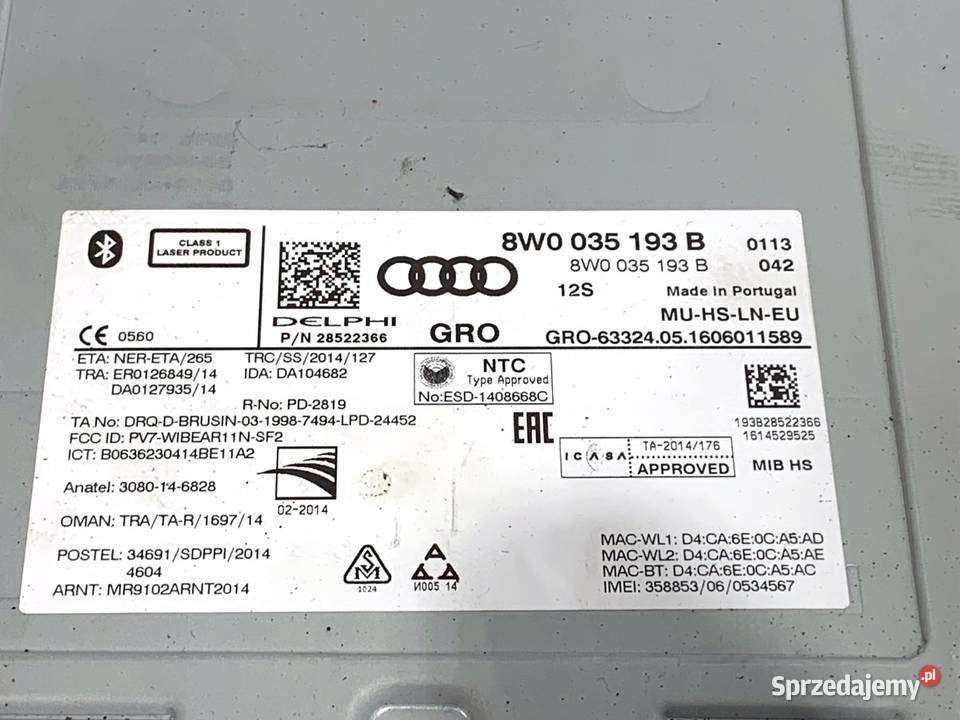 ZMIENIARKA CD CZYTNIK NAVI AUDI A4 B9 8W0035193B