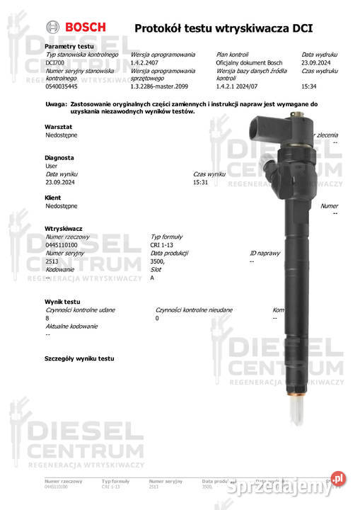 WTRYSKIWACZ BOSCH 0445110100 Mercedes 22 CDI Miszewo