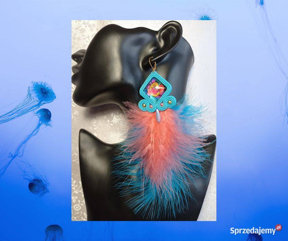 KOLCZYKI Z PIÓRAMI różowomorskie SUTASZ Warszawa