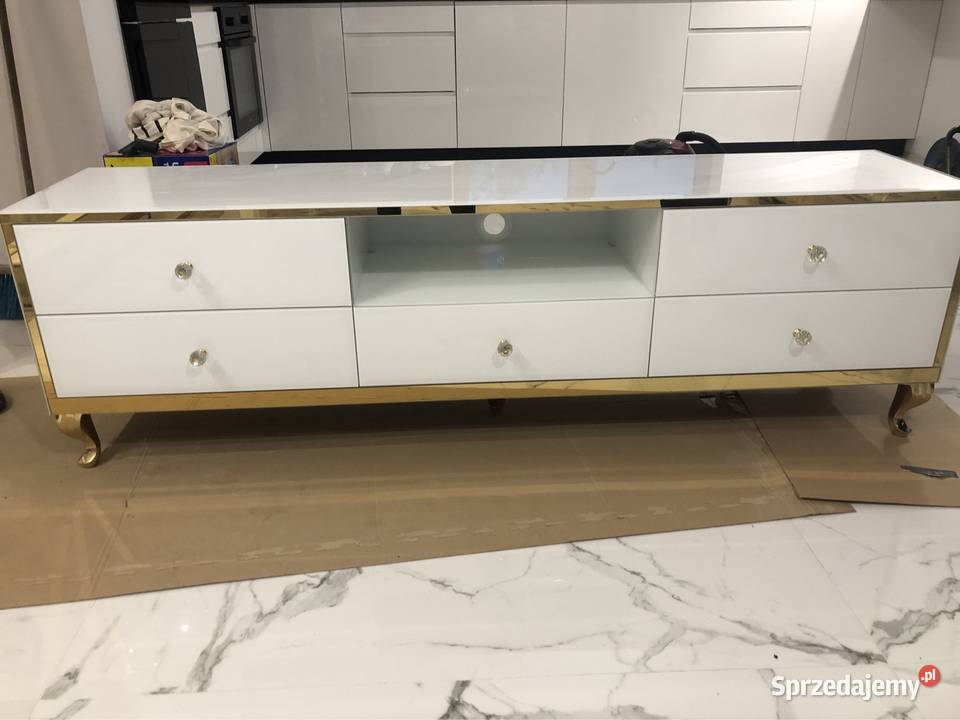 Komoda RTV lustrzana biała złota noga Ludwik RTV Kępno