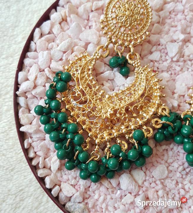Duże kolczyki złoty kolor zielone koraliki Kolczyki Szczecin