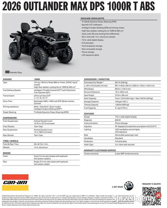 CanAm Outlander DPS 1000R T ABS Granite Grey T3b czterosuwowy