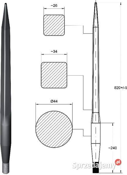 Ząb ładowacza prosty profil kwadratowy 44x820 mm Kamionna