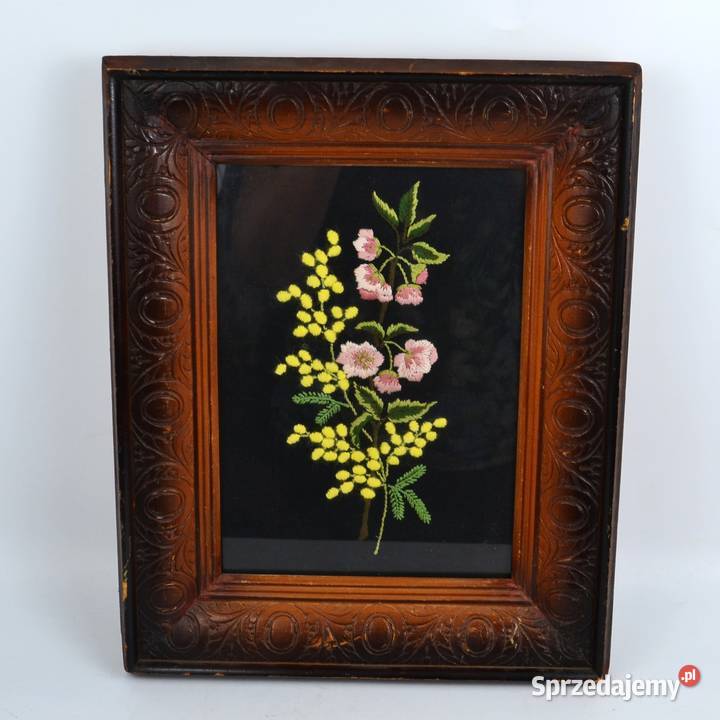 Obrazek haftowany bukiet drewniana rama 4032 Bronisze
