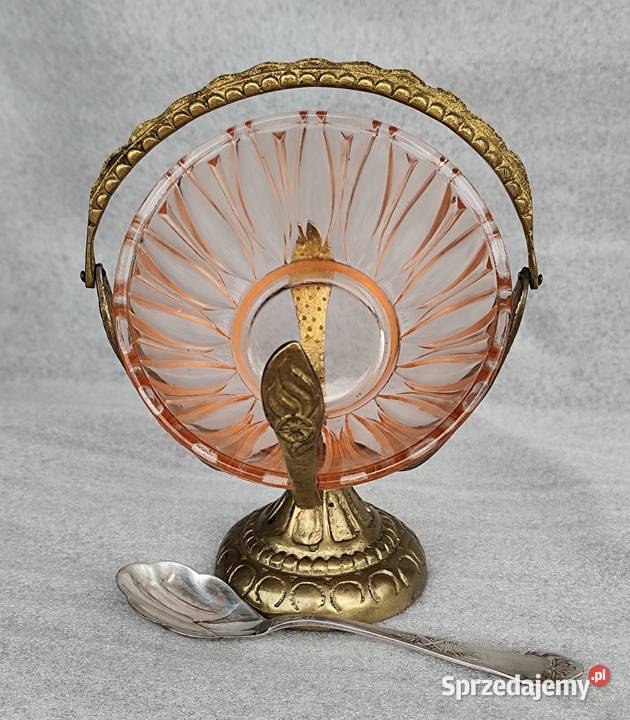 Mosiężna cukiernica z rozalinowym szklanym Cukiernice