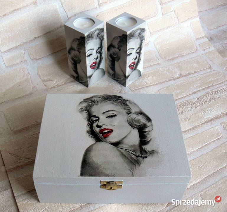 Komplet 3 świeczniki + szkatułka decoupage Marilyn Monroe