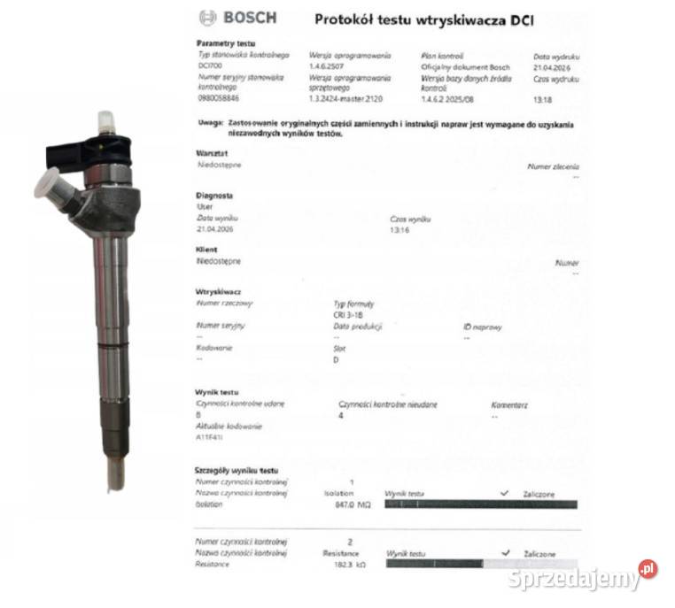 Wtryskiwacz BOSCH 0445110835 do Audi VW Skoda kujawsko-pomorskie Bladowo