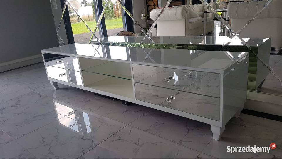 Komoda RTV biała glamour noga Ludwik gałka chrom