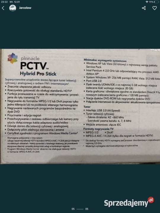 Pinnacle Hybrid Pro Stick DvbT Hdtv na USB Tuner Głęboczek sprzedam