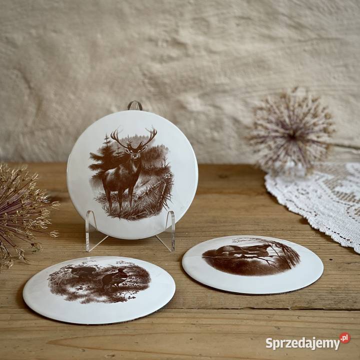 Trzy plakiety emaliowane z dzikimi zwierzętami Myszków