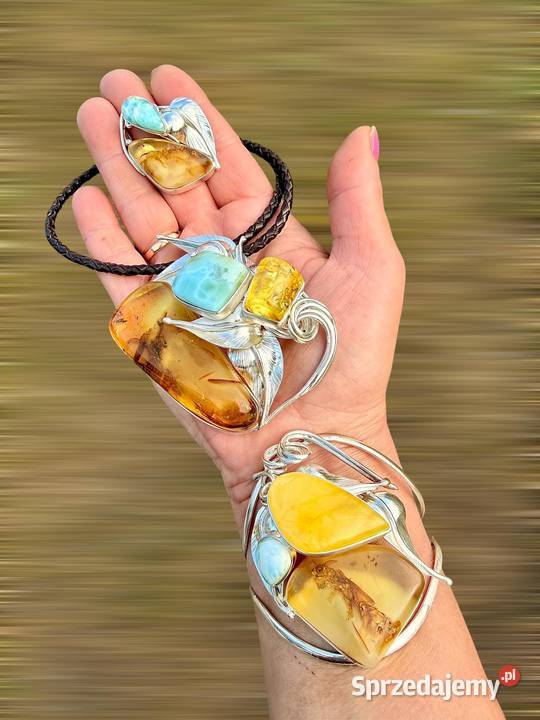 Komplet unikat srebro 925 bursztyn bałtycki srebro Pomlewo