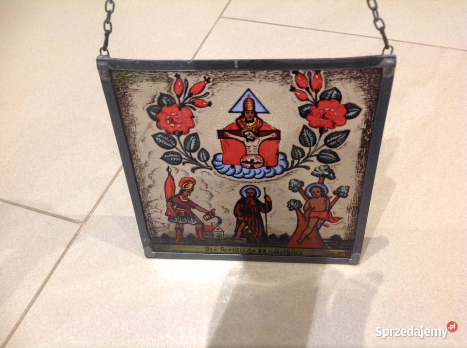 Stary Witraż Witrażyk Szklany w Cynowej Ramce