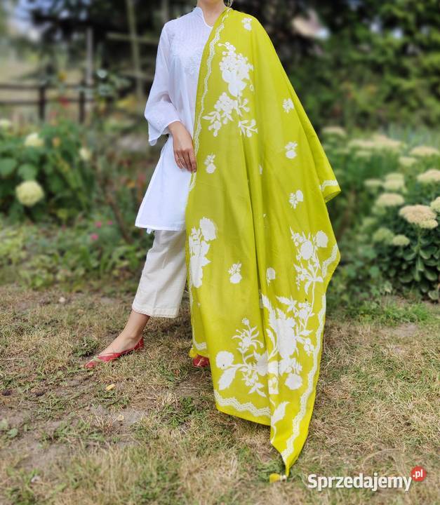 Duża zielona chusta dupatta szal bawełna kwiaty Szczecin