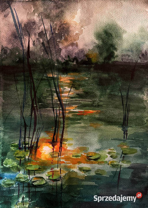 Światło w szuwarach akwarela pejzaż Malarstwo Katowice