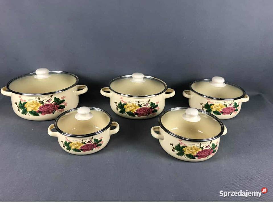 99 Garnki emaliowane kremowe kwiaty Zabrze