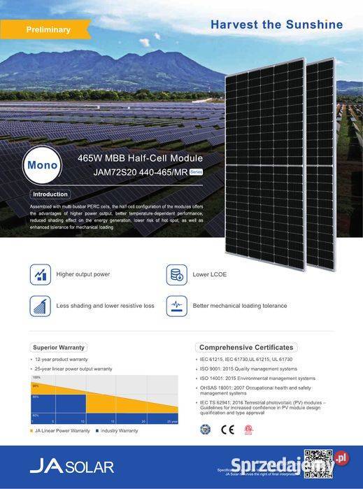 PALETA 27 JA Solar 455W JAM72S20455MR Czarna Panele fotowoltaiczne