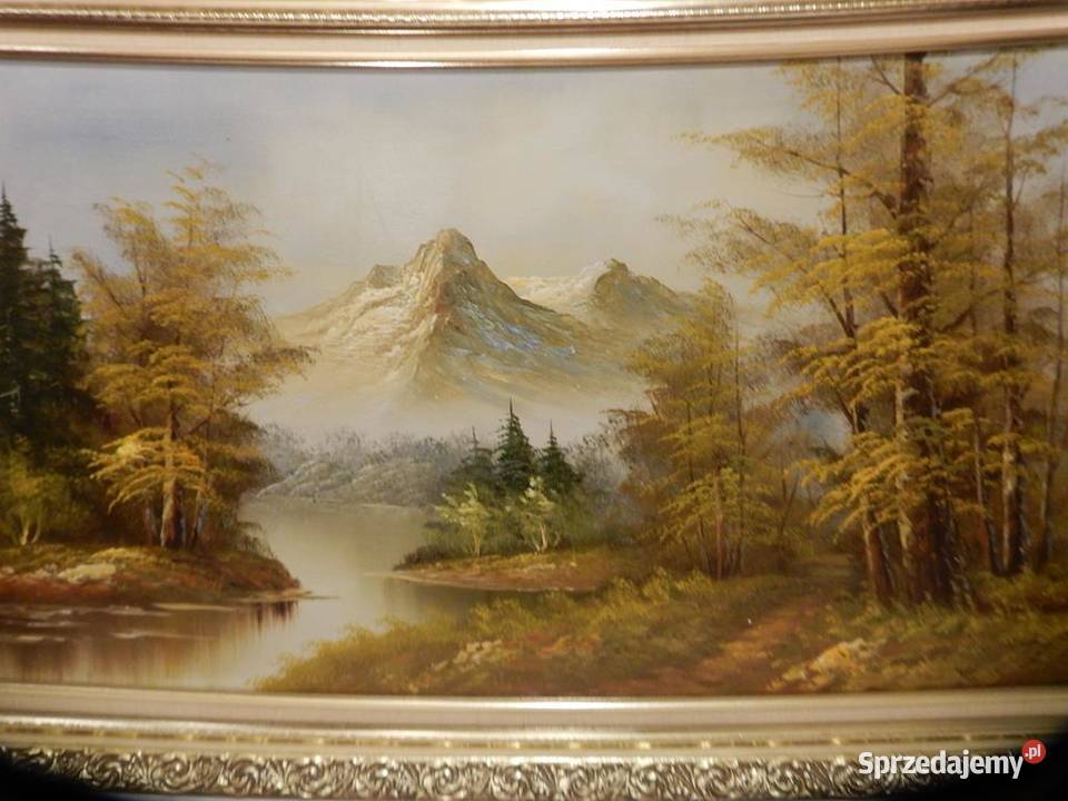 Duży Obraz Olejny GÓRY JEZIORO 116x60 Vintage w sprzedam