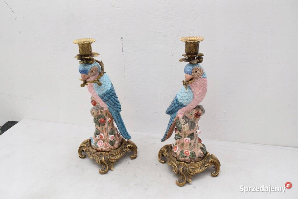 2 ŚWIECZNIKI PORCELANA BRĄZ PAPUGI OKUTE BRĄZEM Dekoracje i ozdoby małopolskie Kraków