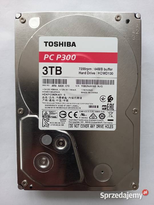 Toshiba HDD 3TB SATA 35 7200RPM mało używany wewnętrzny Tomaszów Lubelski