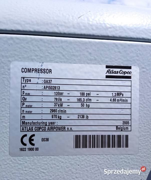 Sprężarka śrubowa kompresor ATLAS COPCO GA37 Wilków