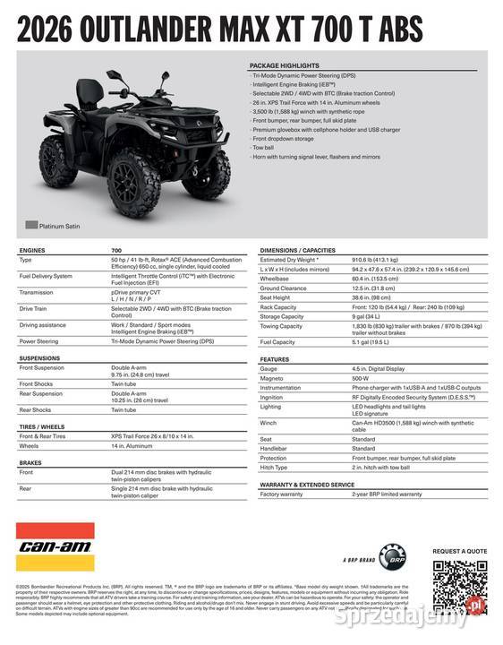 CanAm Outlander Xt 700 T ABS 1YTE T3b 2026 quad metalic małopolskie Nowy Sącz