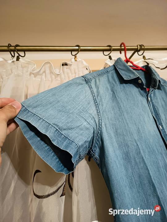Męska Elegancka Koszulka Jeansowa Krótki Rękaw Suwałki