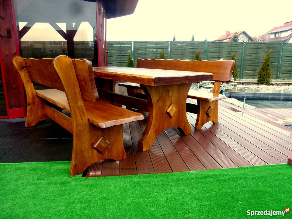 Meble ogrodowe barowe krzesła drewniane huśtawka drewno Chojnice