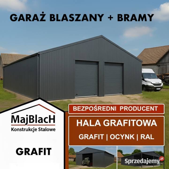 Duży Długi Grafitowy Garaż Blaszany Dwuspadowy 300zł/m2 Świecie