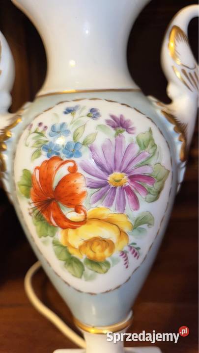 Lampa z łabędziami Syg Kaiser Błękitna złocona z Gdańsk