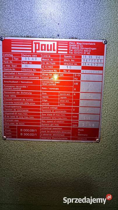 Piła poprzeczna hydrauliczna PAUL 15A0