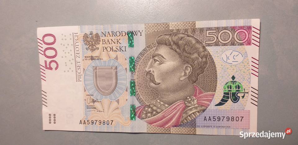 Banknoty 500 seria AA luty 2016 niski numer Numizmatyka Tarnów