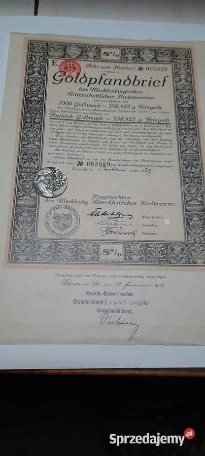Historyczny papier zabezpieczający, obligacja na złoto NIEMCY