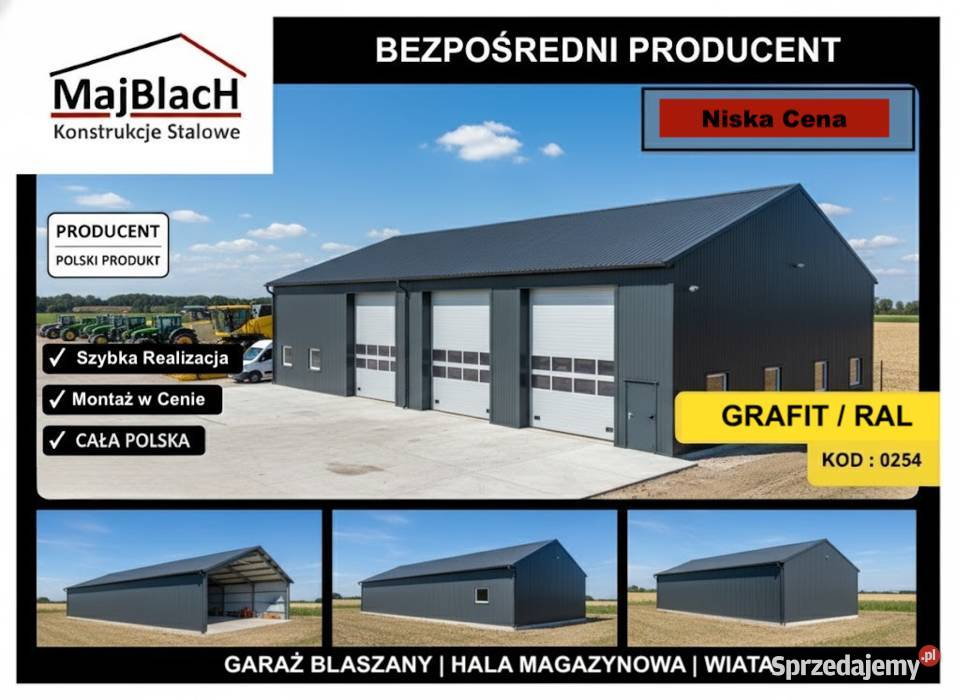 Grafitowy Garaż Blaszany Dwuspadowy Duża Hala 300zł/m2 Świdnica
