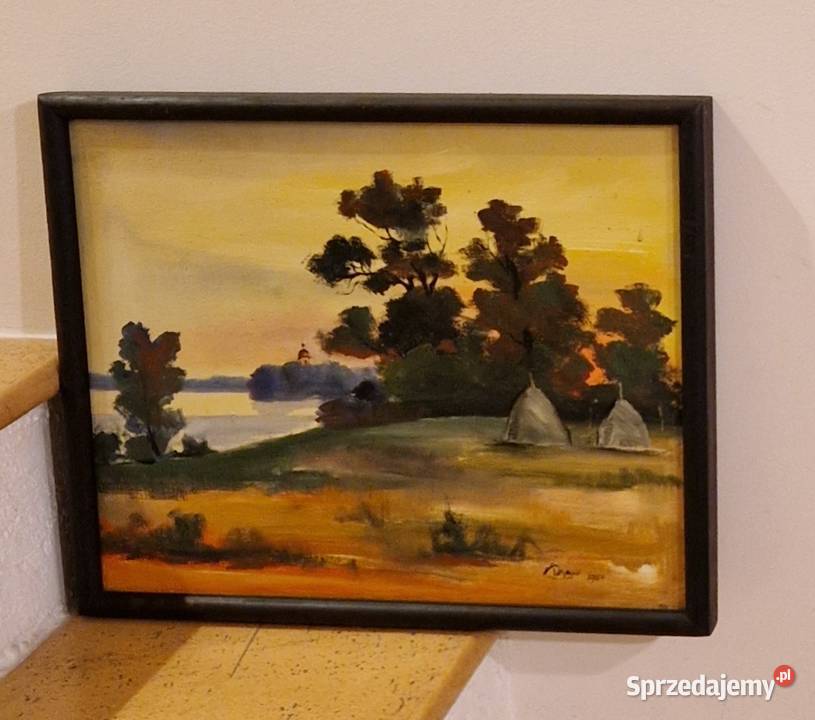 OBRAZ z pejzażem w ramie z autografem płótno lubelskie Lublin