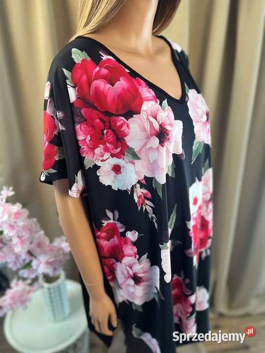 Czarna tunika plus size kwiaty oversize 5XL 50 Augustówka