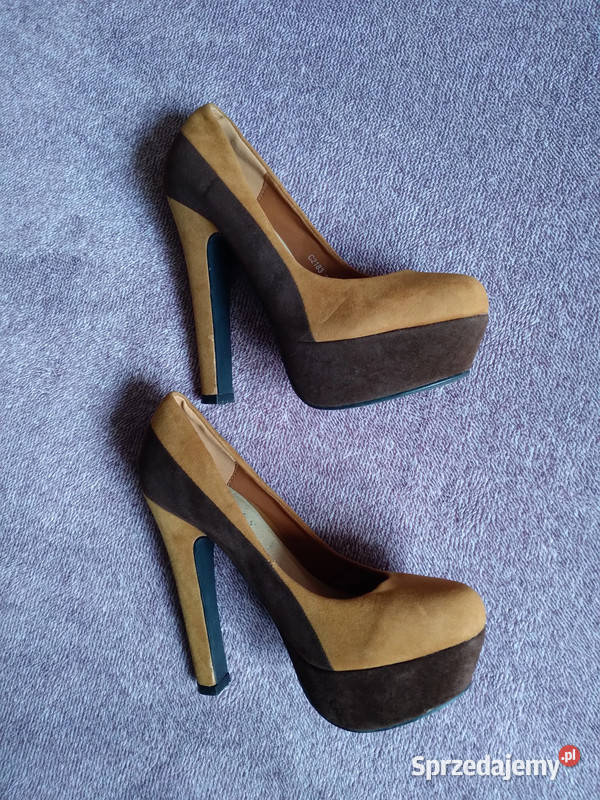 Buty damskie na obcasie brązowe beżowe zamszowe Kielce
