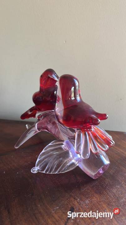 Szklana figurka 2 Ptaszki na gałęzi Z czerwono