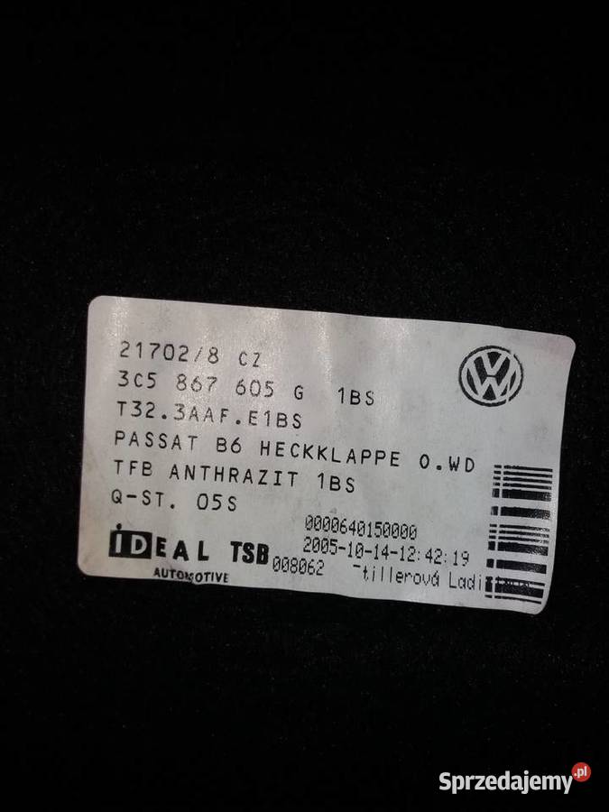 Poszycie klapy Bagażnika Passat B6 3c5867605g śląskie Wola