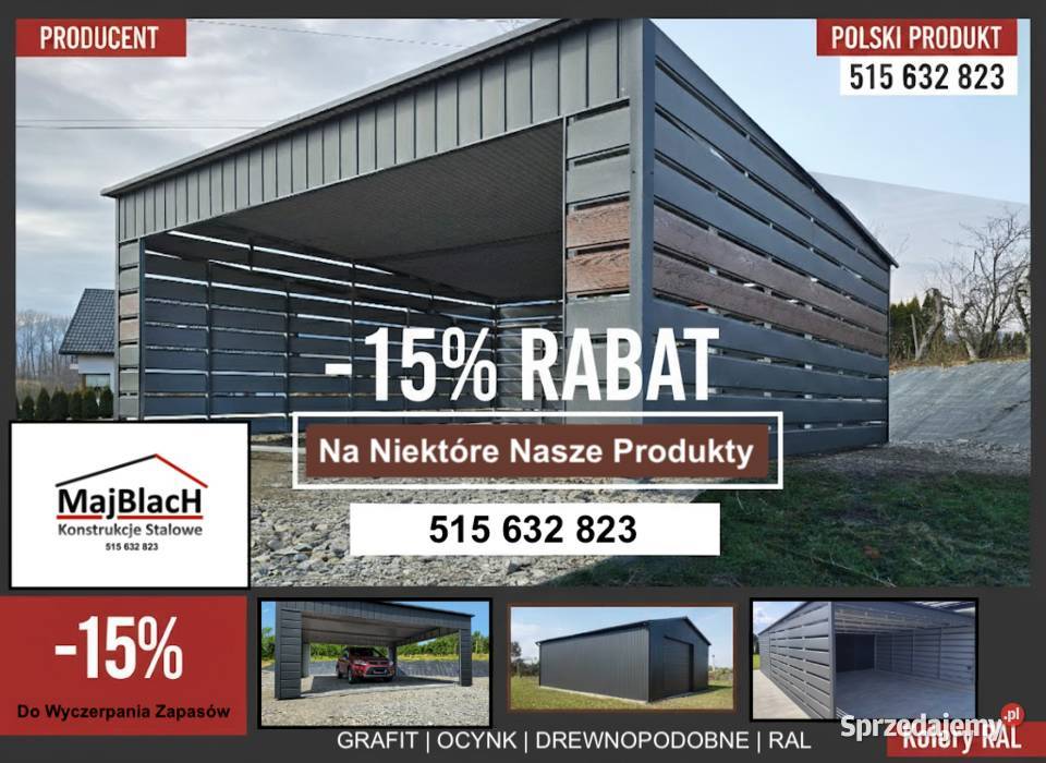 A61Duża Wiata Hala Garaż Blaszany RAL Montaż 120m2 Garaże i miejsca postojowe Piła sprzedam