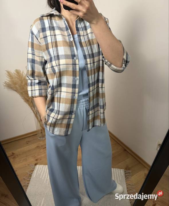 Koszula w kratę oversize beżowoniebieska styl Ostrzeszów