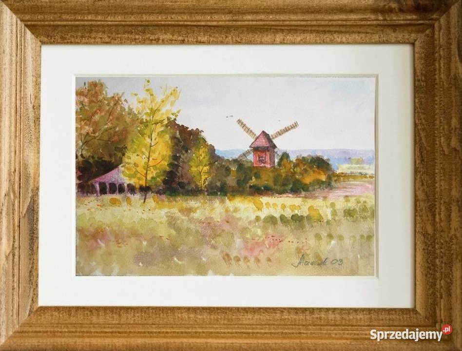 Wiatrak jesienny pejzaż akwarela Mirosława wielokolorowy sprzedam