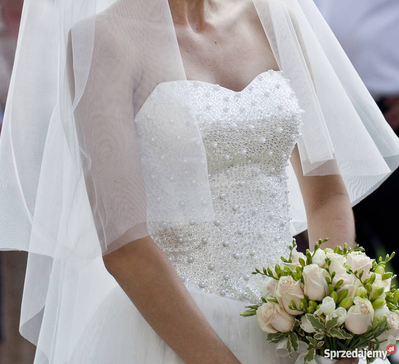 Suknia ślubna princessa z perełkami bolerko welo Kraków