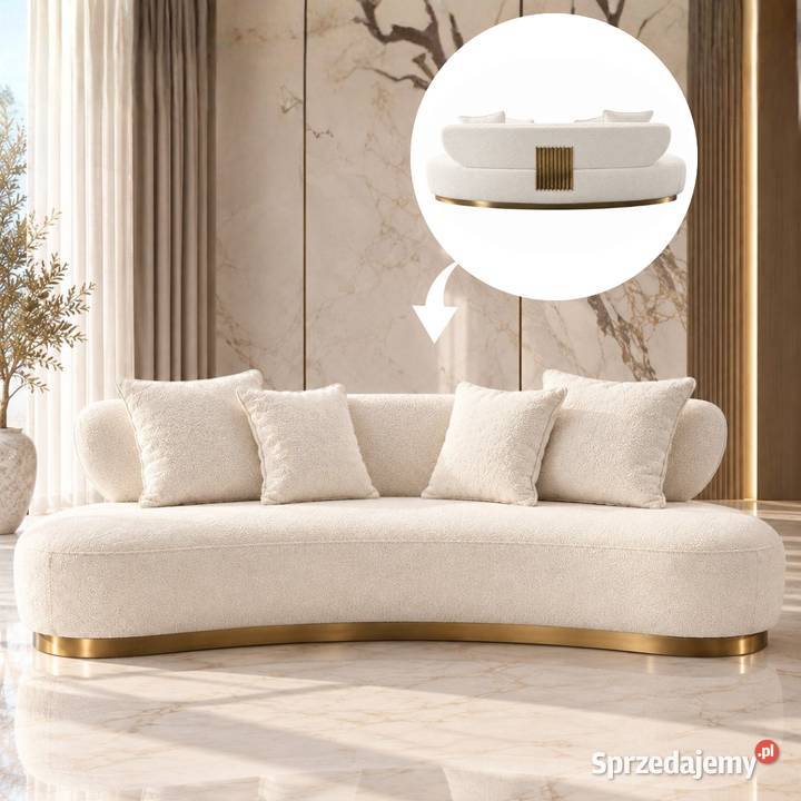 Sofa glamour boucle biała ecru 257 ze złotą Golkowice
