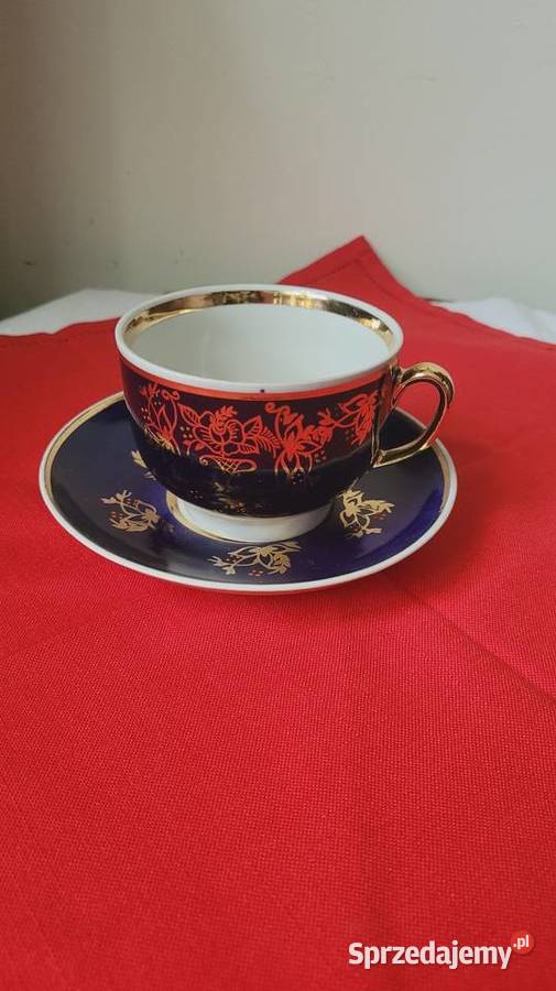 Kobalt filizanka z podstawkiem złocenia Porcelana i szkło Lublin